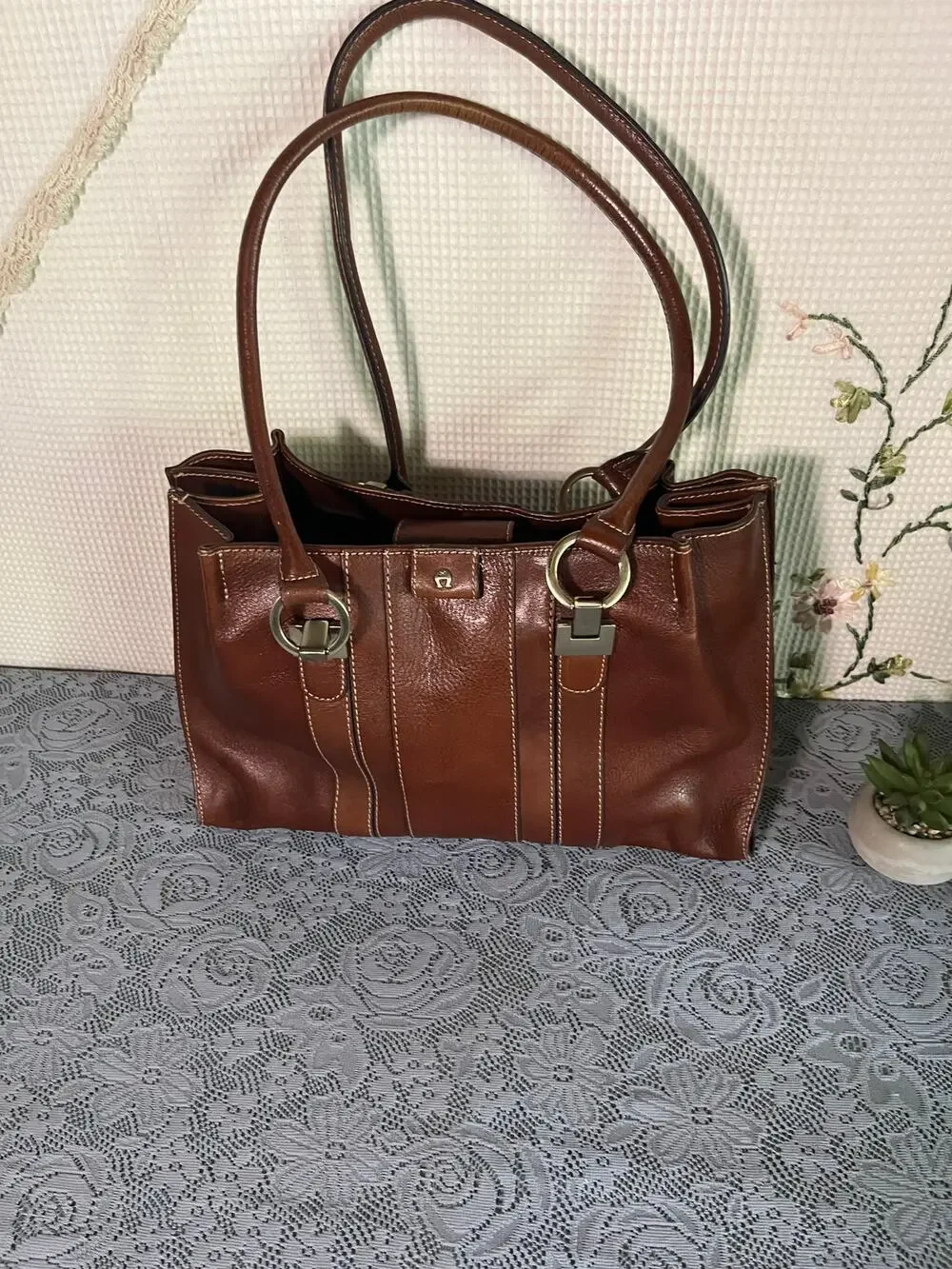 Etienne Aigner Brown Genuine Leather Satchel Handbag Double Handle Gold